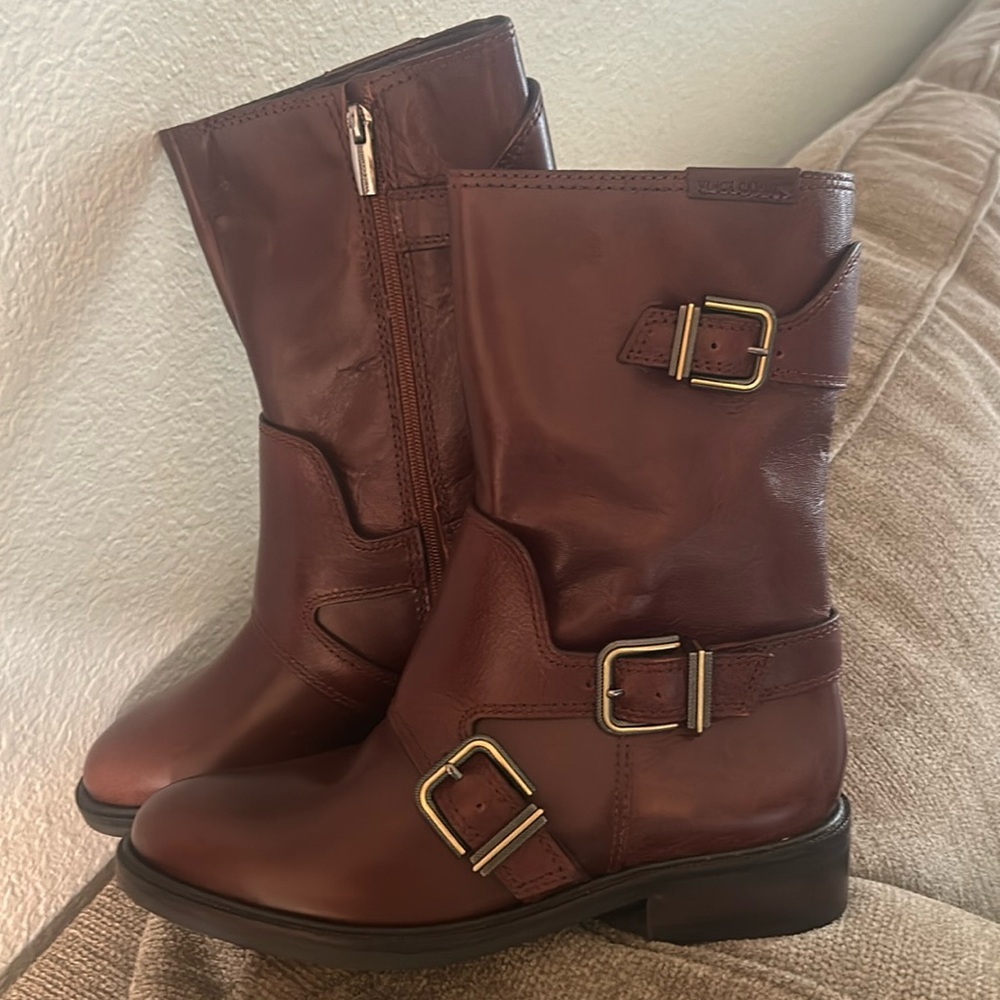Vince Camuto Brown Leather Mid-Calf Buckle Ankle Boots